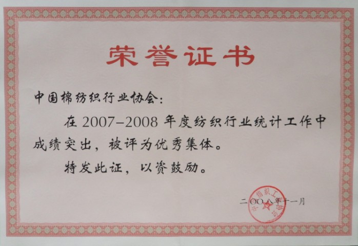 2008年 被中国纺织工业协会评为"优秀集体"